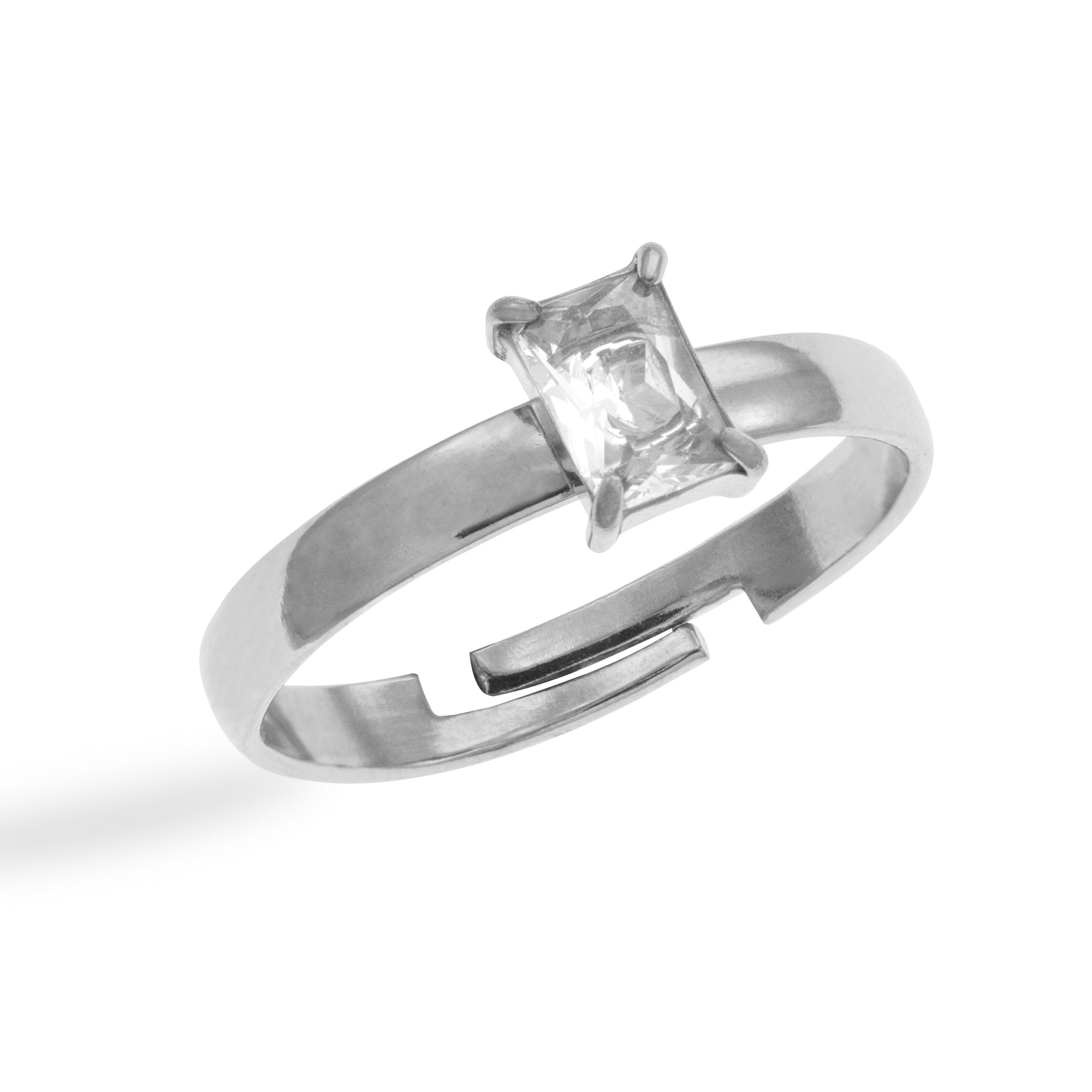 Anillo solitario ajustable con cristal rectangular PLATEADO
