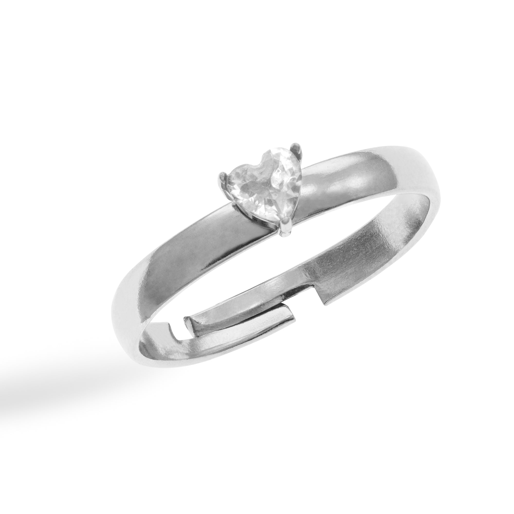 Anillo solitario ajustable con cristal de corazon PLATEADO