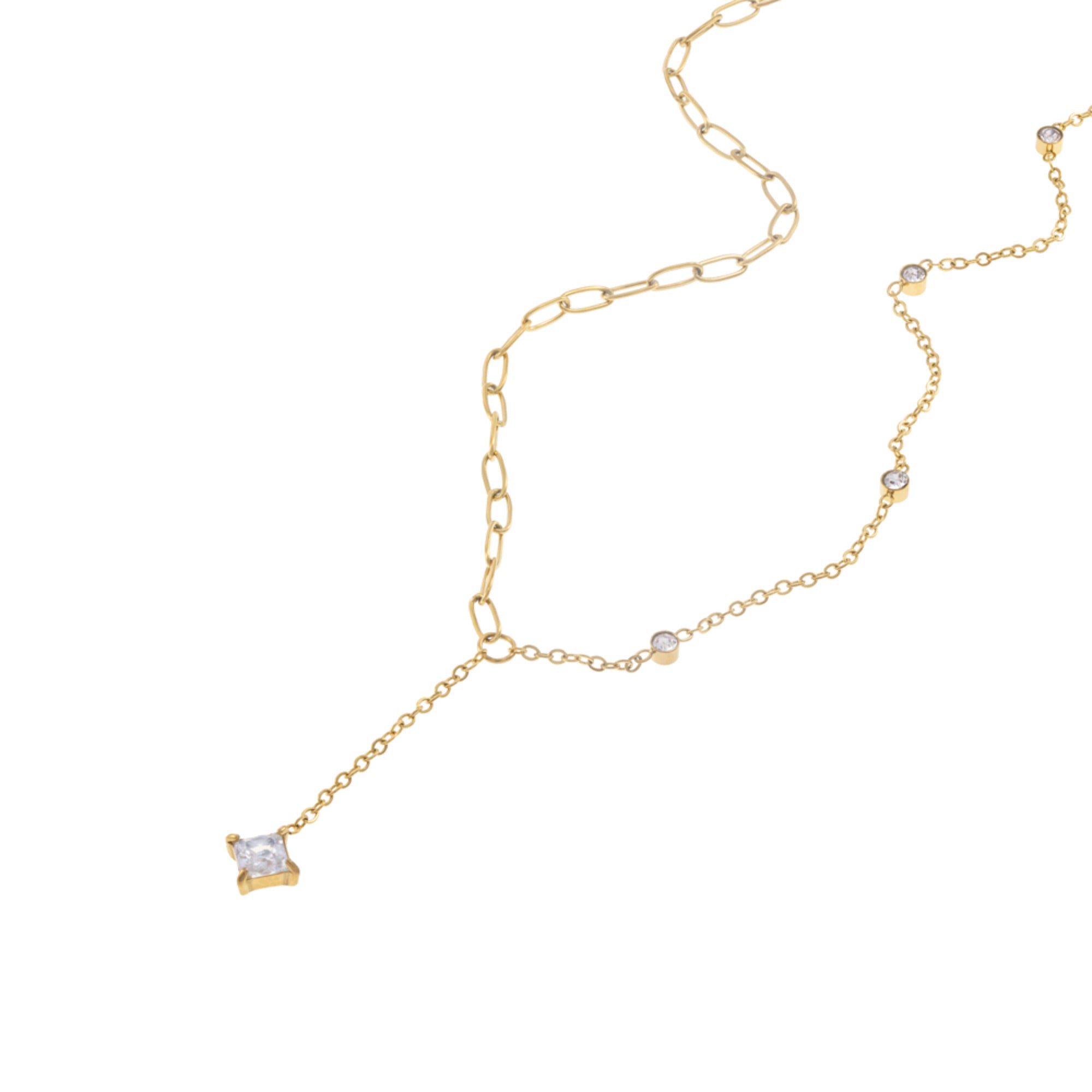 Collar Eslabon Mixto con Rombo Cristal 49CM DORADO