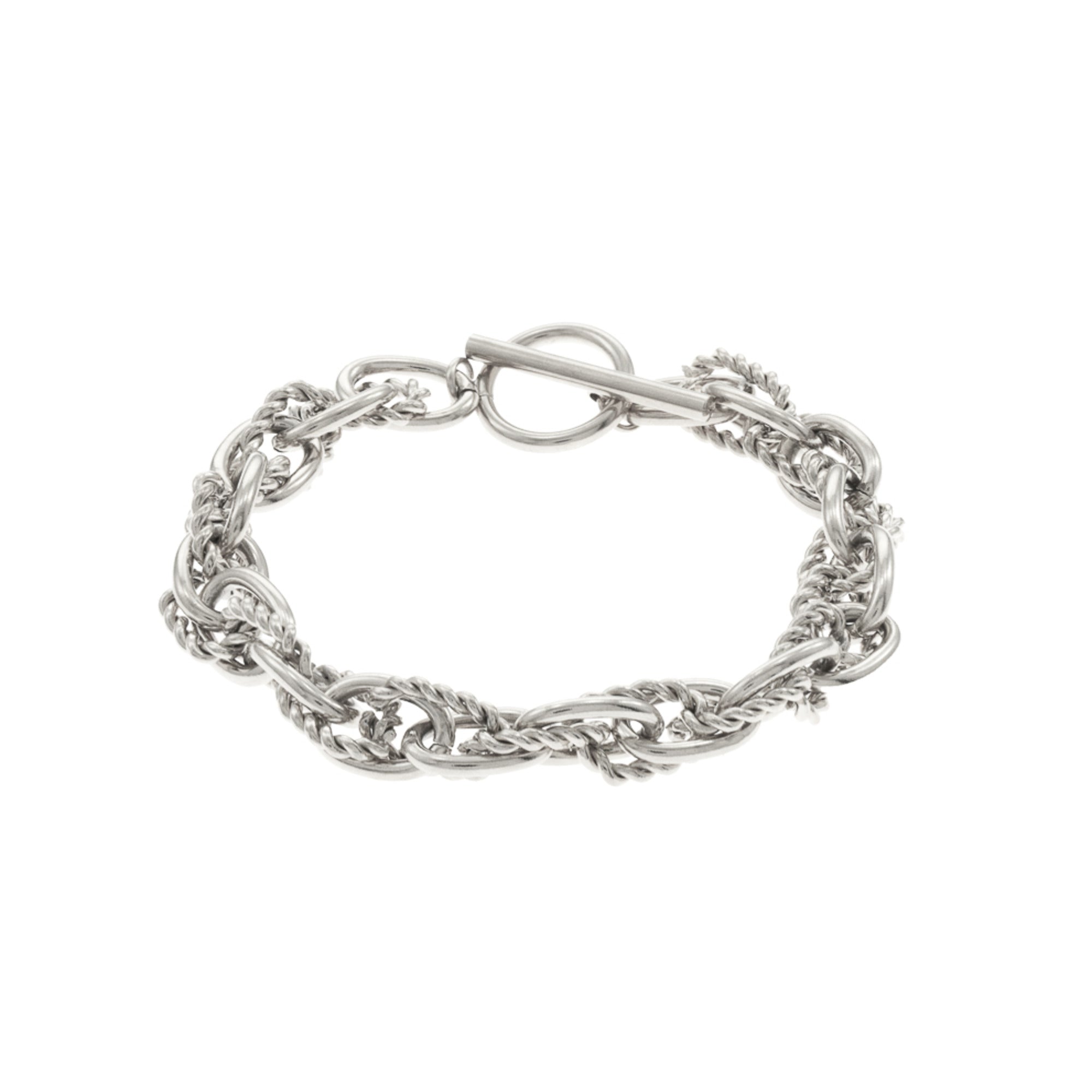 Pulsera Doble Entrelazada Eslabon Oval y Torzal 17CM PLATEADO