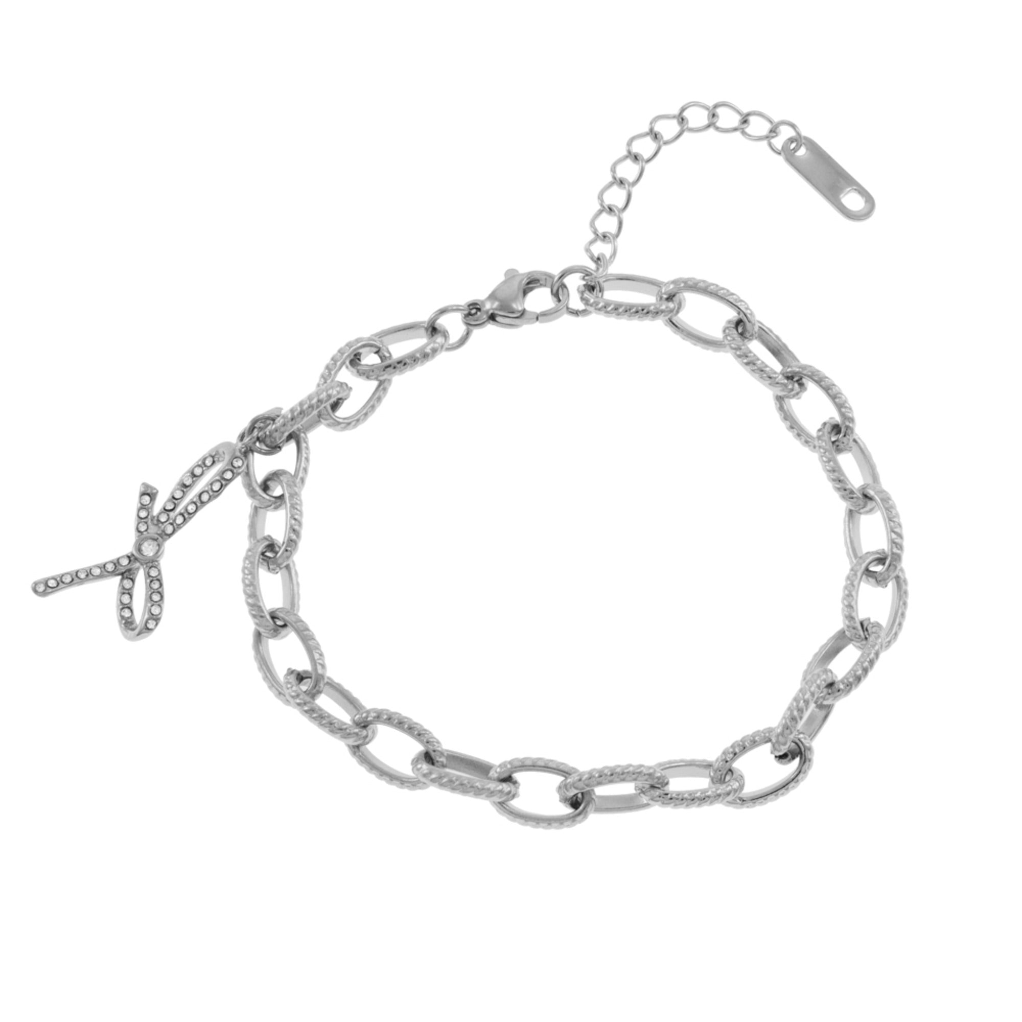 Pulsera Eslabon Grabado con Moño Cristal 16CM Plateado