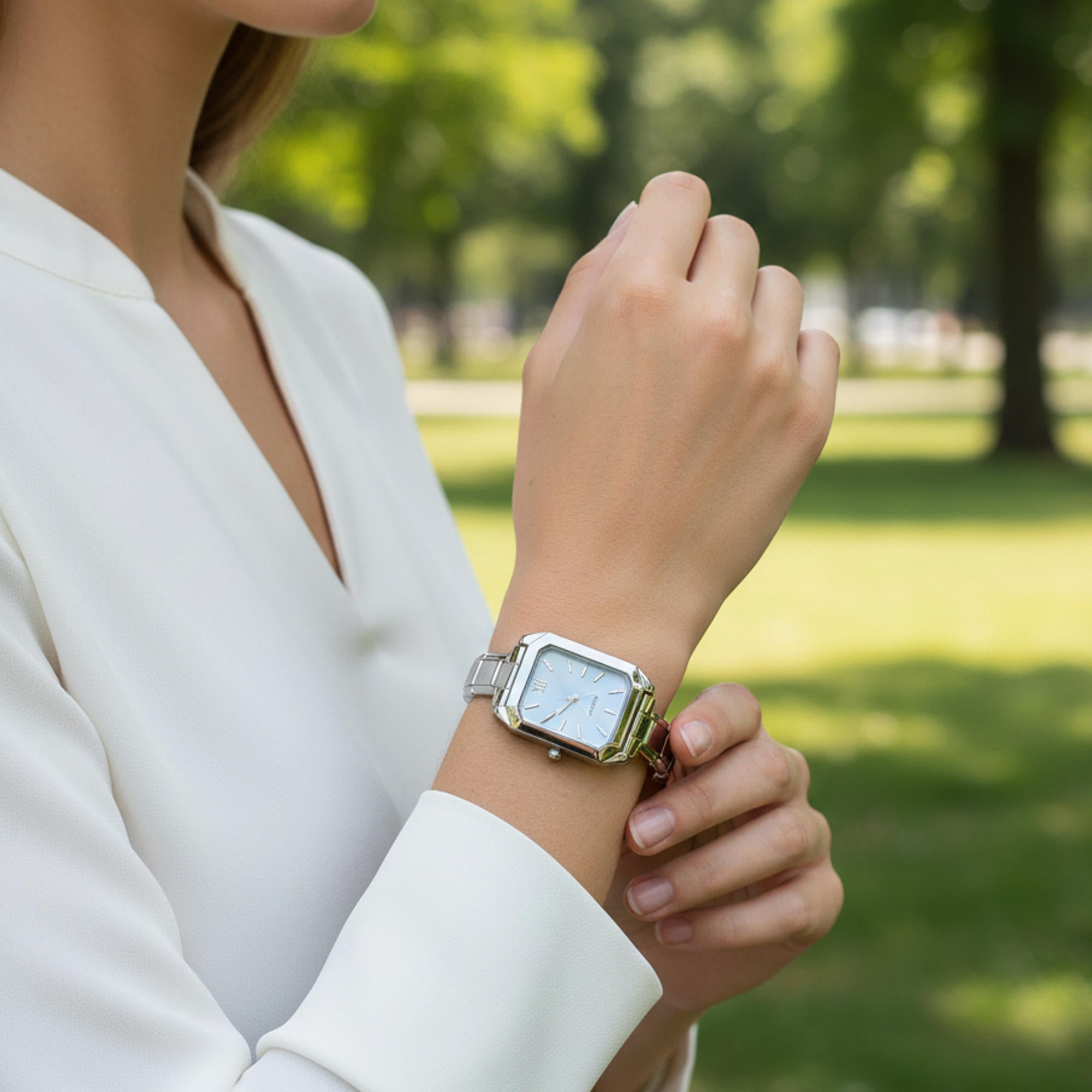 Reloj ajustable eslabon italiano y caratula rectangular azul 23mm