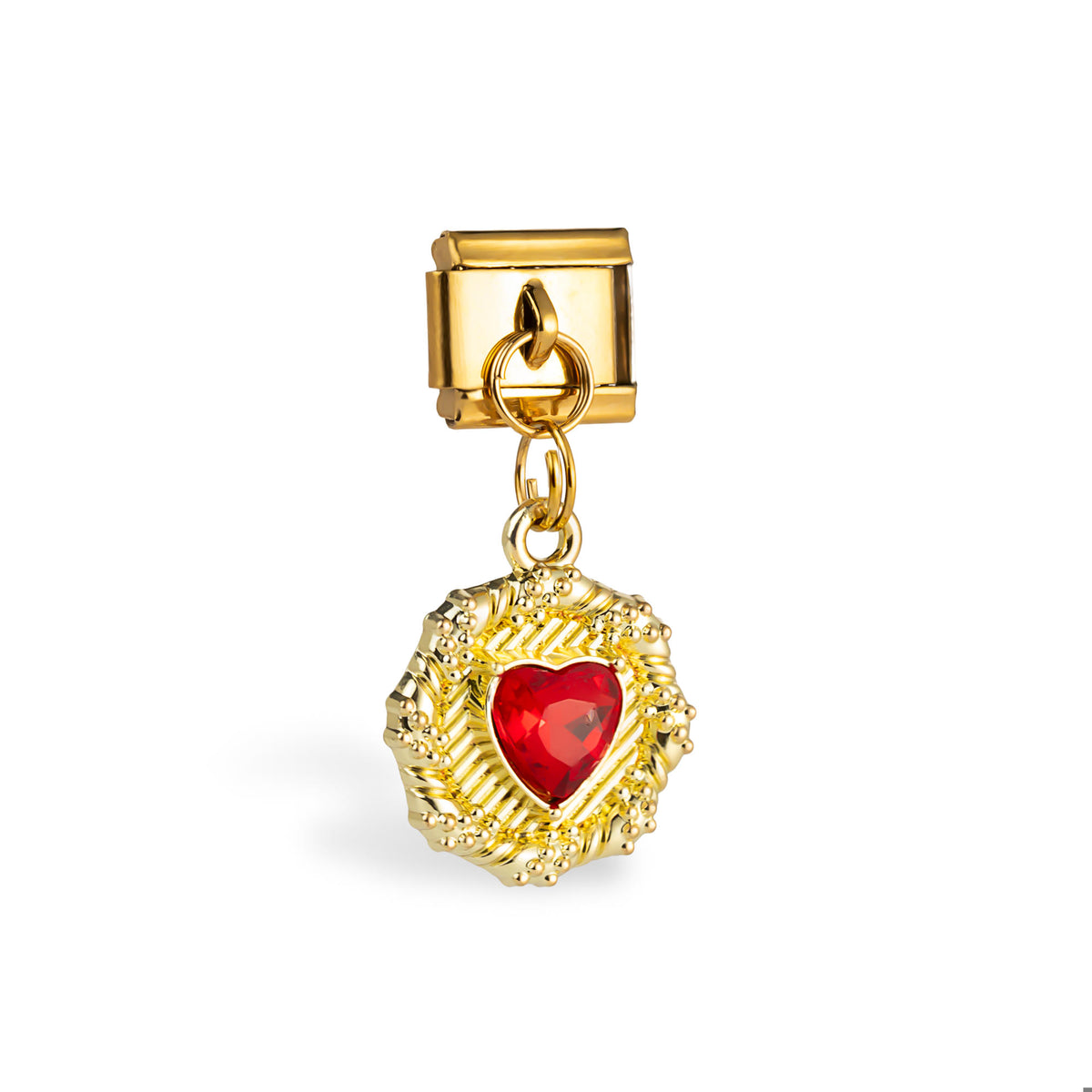 Eslabón italiano colgante de medalla texturizada y circonia corazón 11x9mm