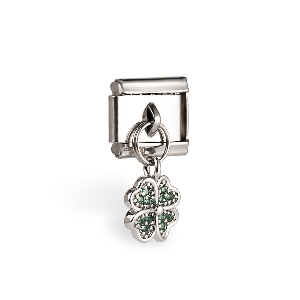 Eslabón italiano colgante de trébol con circonias verdes en pavé 11x9mm