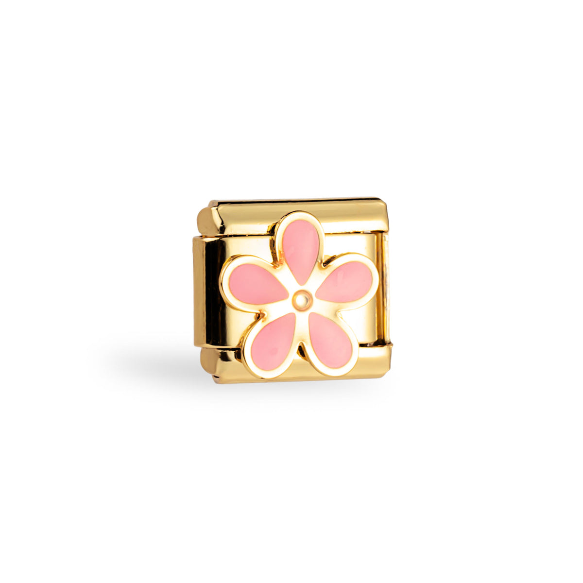 Eslabón italiano con flor 5 pétalos esmaltada rosa 11x9mm