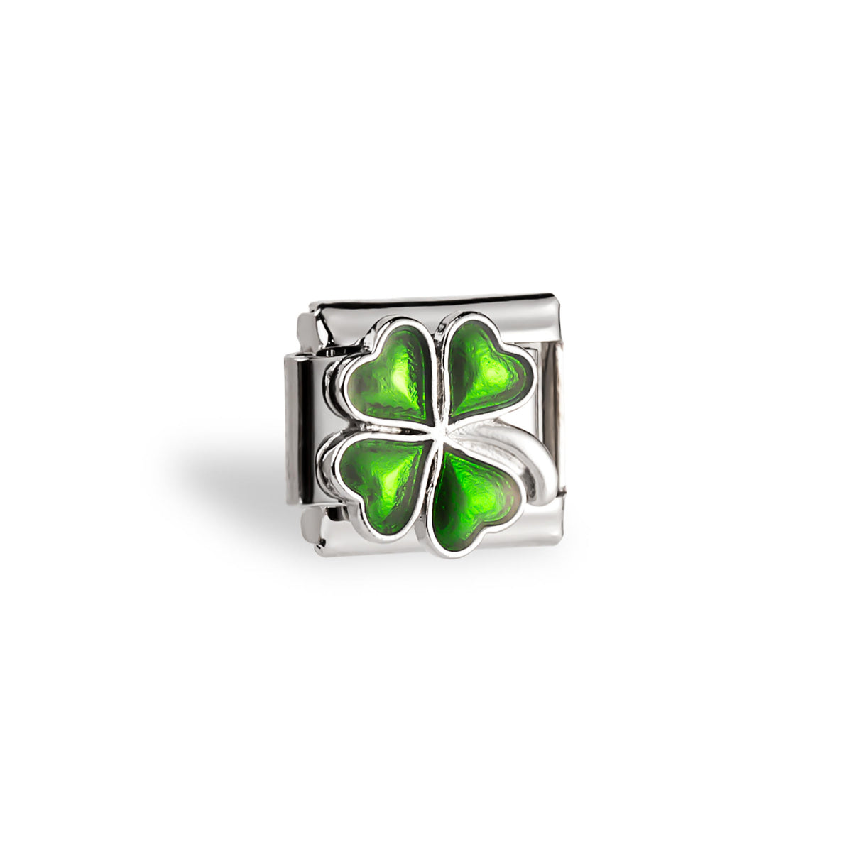 Eslabón italiano con trébol de la suerte esmaltado verde 11x9mm