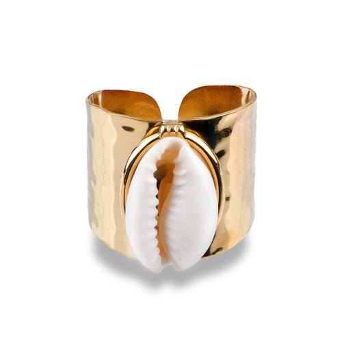 Anillo ajustable martillado con concha de cauri 18mm