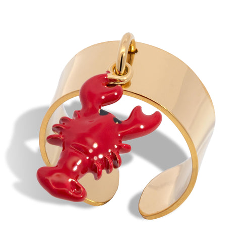 Anillo ajustable liso con dije de langosta esmaltada 10mm