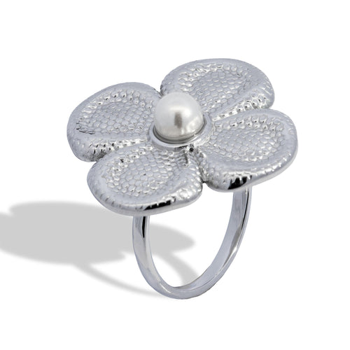 Anillo ajustable de flor texturizada con perla 25mm