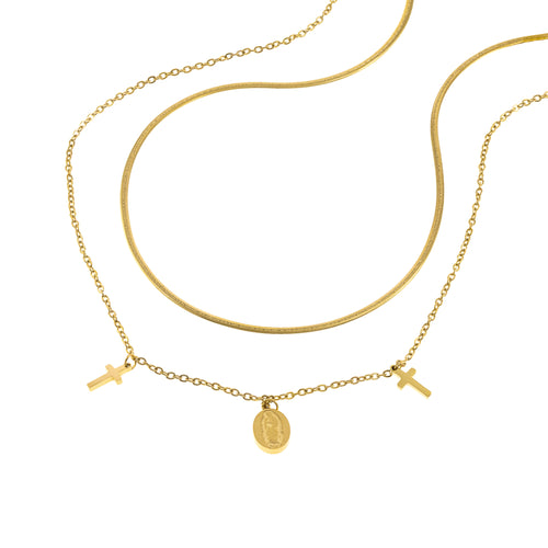 Collar Doble Virgen de Guadalupe con Cruces 45CM Dorado