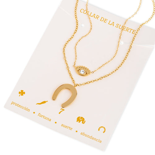 Collar doble con herradura y ojo turco 55-60cm