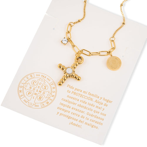 Collar de cruz piedra de opalo y medalla de San Benito 55-60cm