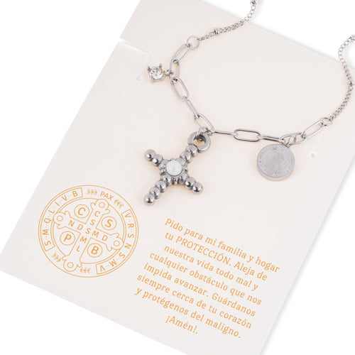 Collar de cruz piedra de opalo y medalla de San Benito 55-60cm