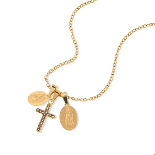 Collar doble virgen de guadalupe cruz cristal 60-65cm