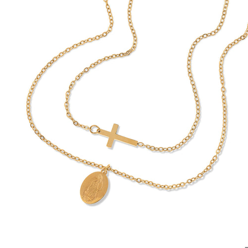 Collar doble virgen de guadalupe cruz lisa 60-65cm