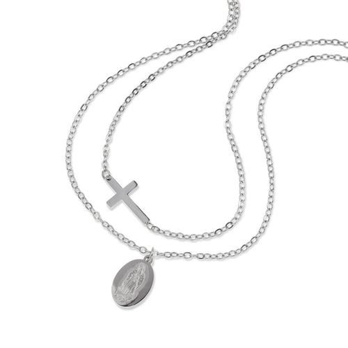 Collar doble virgen de guadalupe cruz lisa 60-65cm