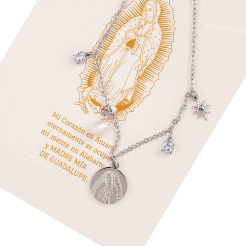 Collar medalla Virgen de Guadalupe con perla y cristales 40-45cm