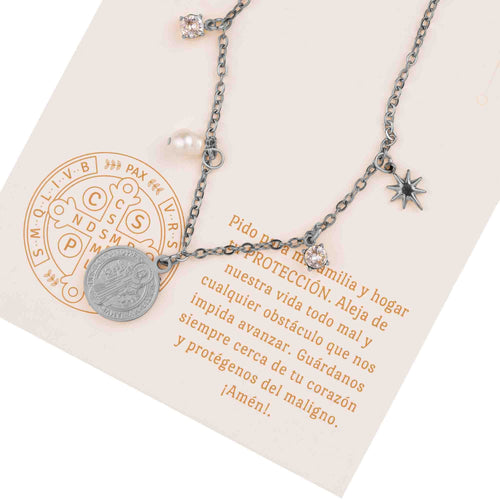 Collar medalla San Benito con perla estrella y cristales 40-45cm