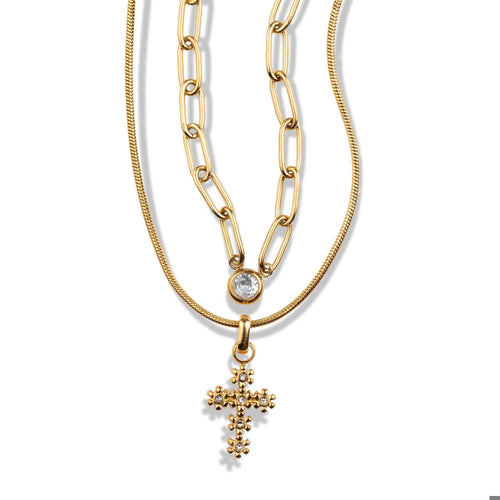 Collar de doble cadena con cruz de flores y cristal 50-55cm