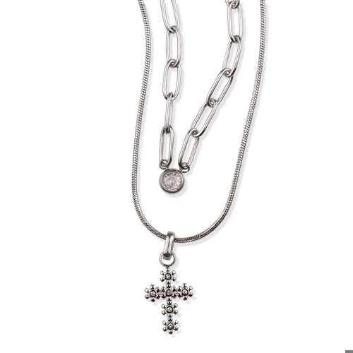 Collar de doble cadena con cruz de flores y cristal 50-55cm