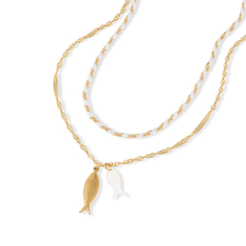 Collar doble dijes de pez en  y resina tornasol 45-50cm