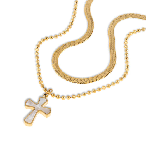 Collar doble planchada y de balines con Cruz de madre perla 55-60cm