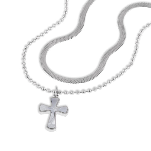 Collar doble planchada y de balines con Cruz de madre perla 55-60cm