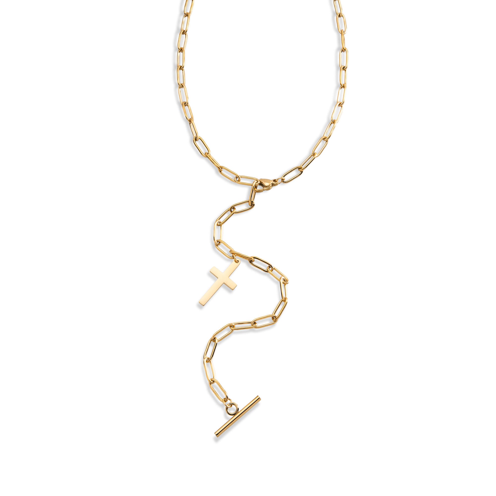 Collar eslabon largo ajustable dije de Cruz broche T 25mm