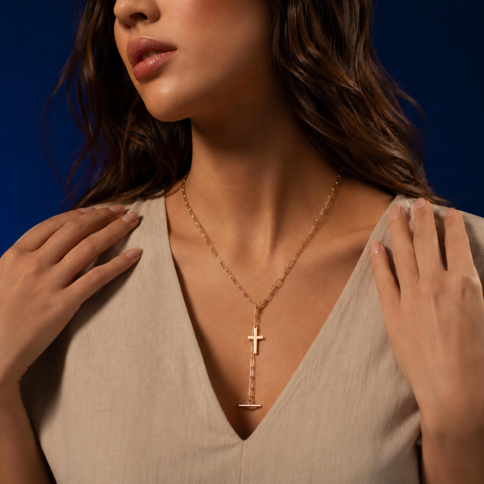 Collar eslabon largo ajustable dije de Cruz broche T 25mm