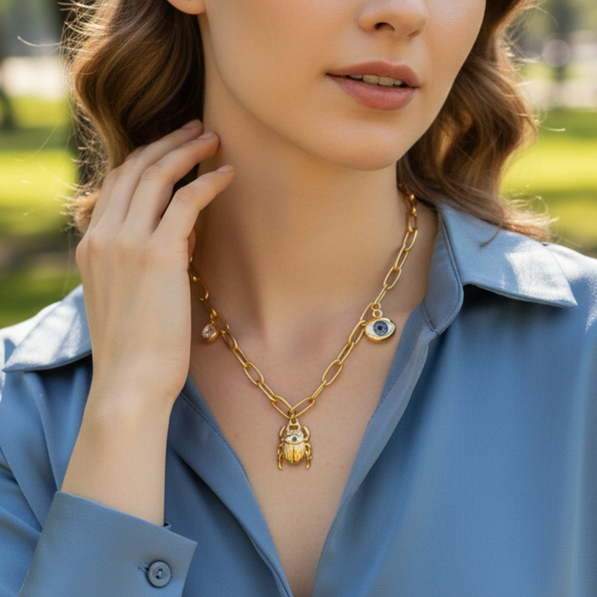 Collar dije escarabajo ojo turco y cristal en gota 45-50cm