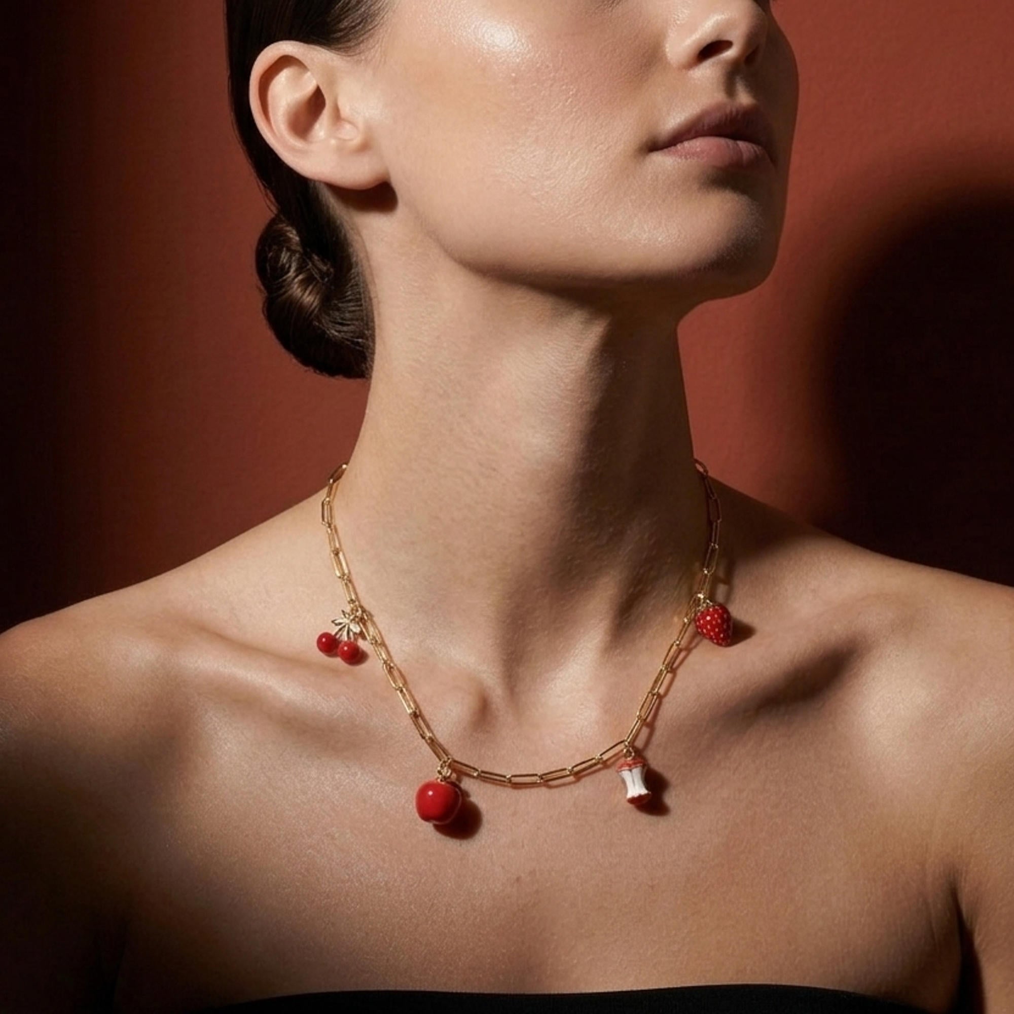 Collar eslabon largo dijes frutales colgantes esmaltados 50-55cm
