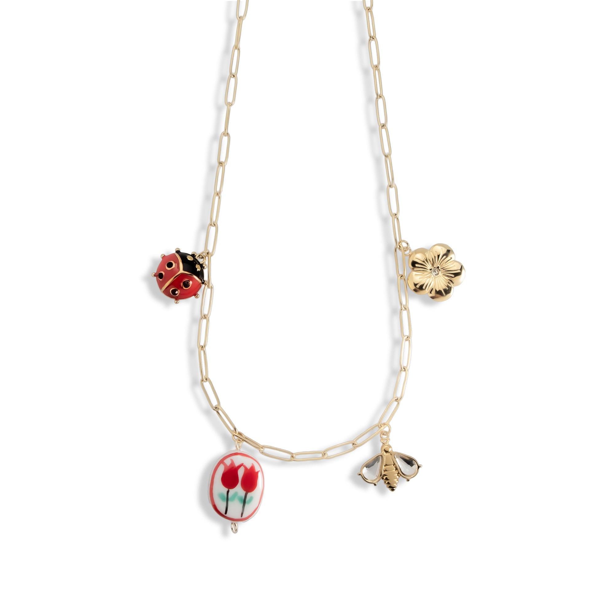 Collar eslabon largo dijes catarina abeja flor colgantes esmaltados 50-55cm
