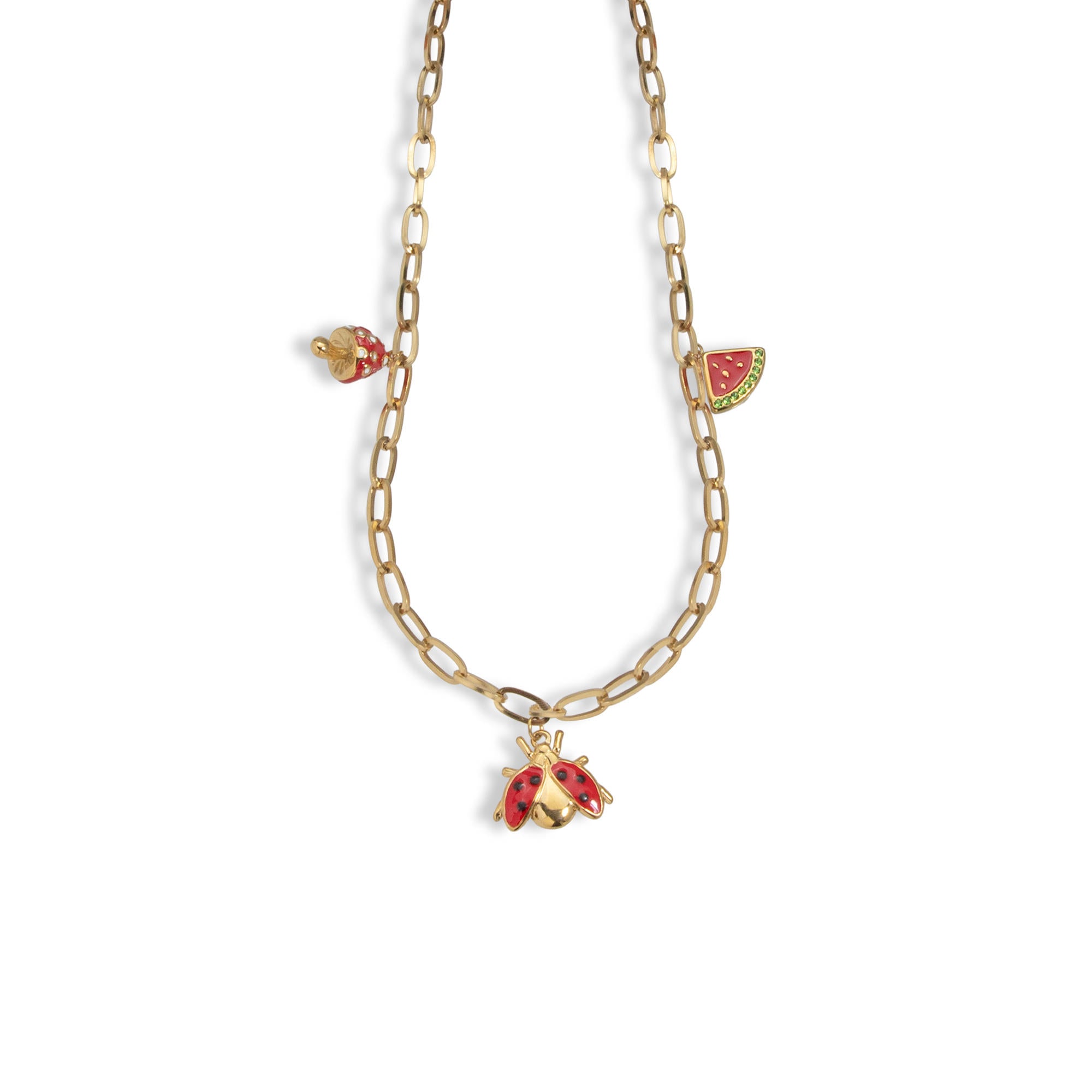 Collar eslabon largo dijes colgantes hongo sandia mariquita esmaltados 50-55cm