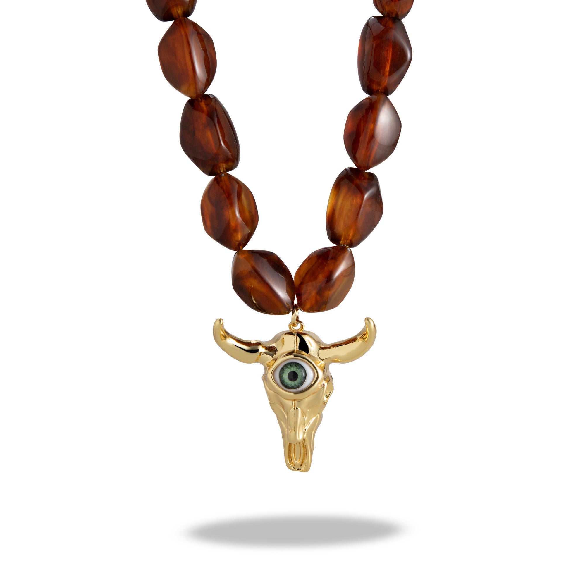 Collar cuentas de resina ambar dije cabeza de toro con ojo 49cm