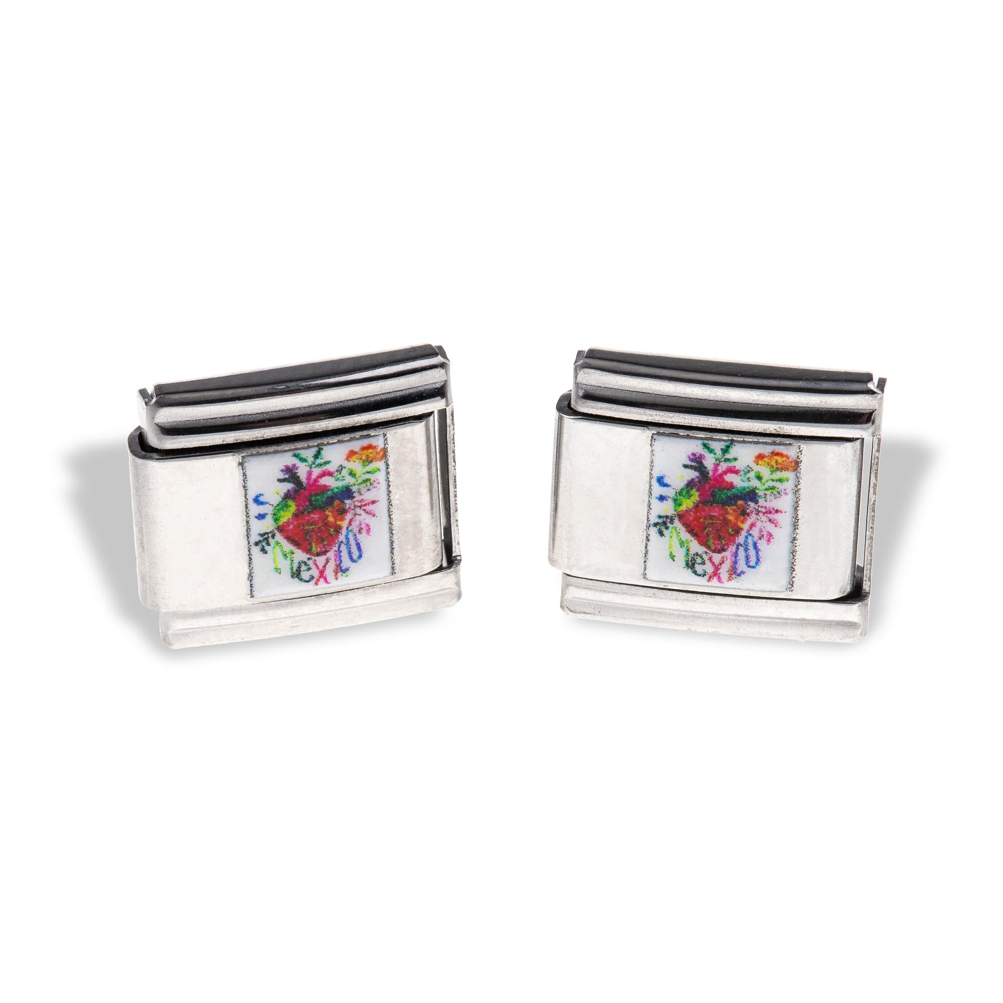 Charm eslabon italiano corazon flores y frase Mexico esmaltado 9x10mm