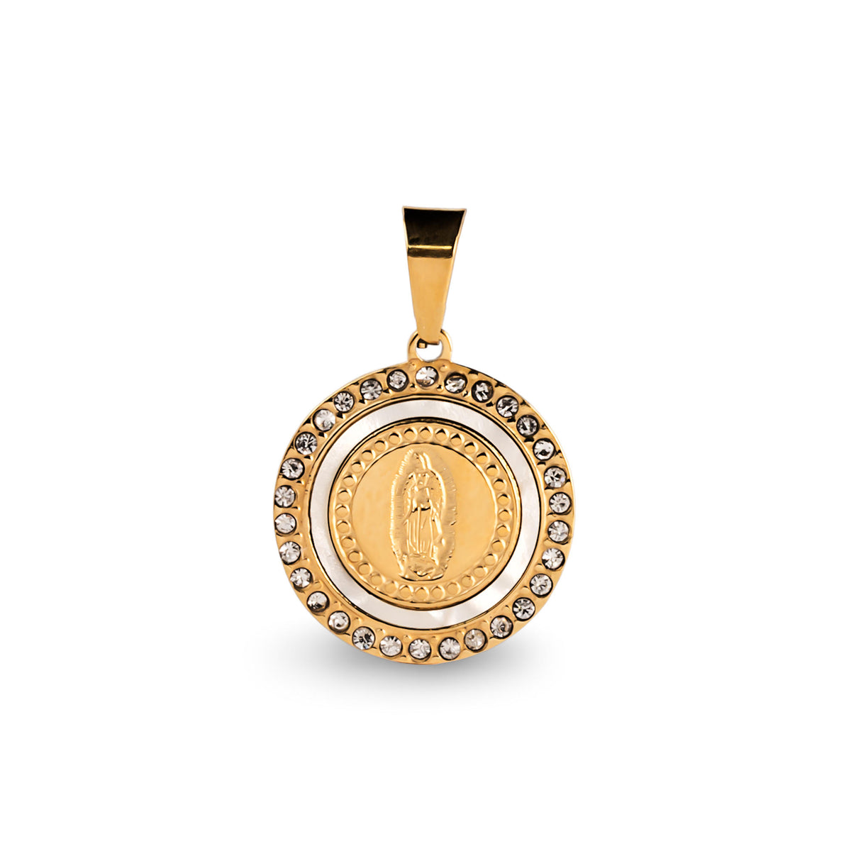 Dije de la Virgen de Guadalupe con madre perla y cristales 22mm