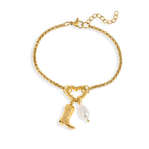 Pulsera con silueta de corazon perla y bota vaquera 17-20cm
