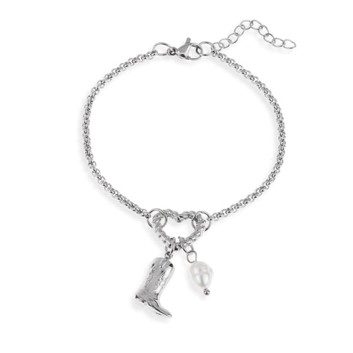 Pulsera con silueta de corazon perla y bota vaquera 17-20cm