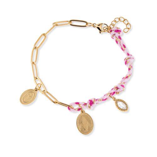 Pulsera de hilo y cadena medalla virgen milagrosa cruz 18-21cm
