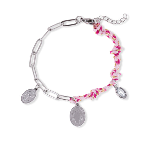 Pulsera de hilo y cadena medalla virgen milagrosa cruz 18-21cm