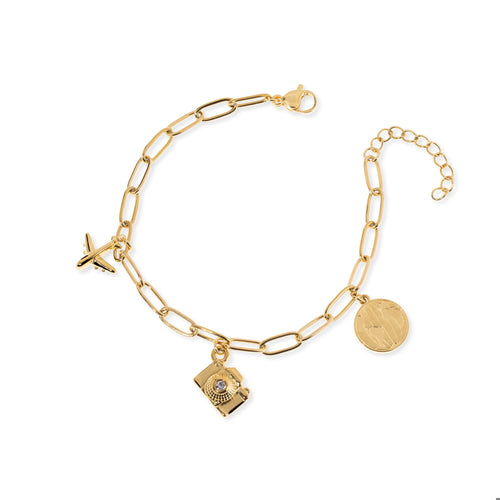 Pulsera eslabones dijes de avion camara y mundo 16-19cm