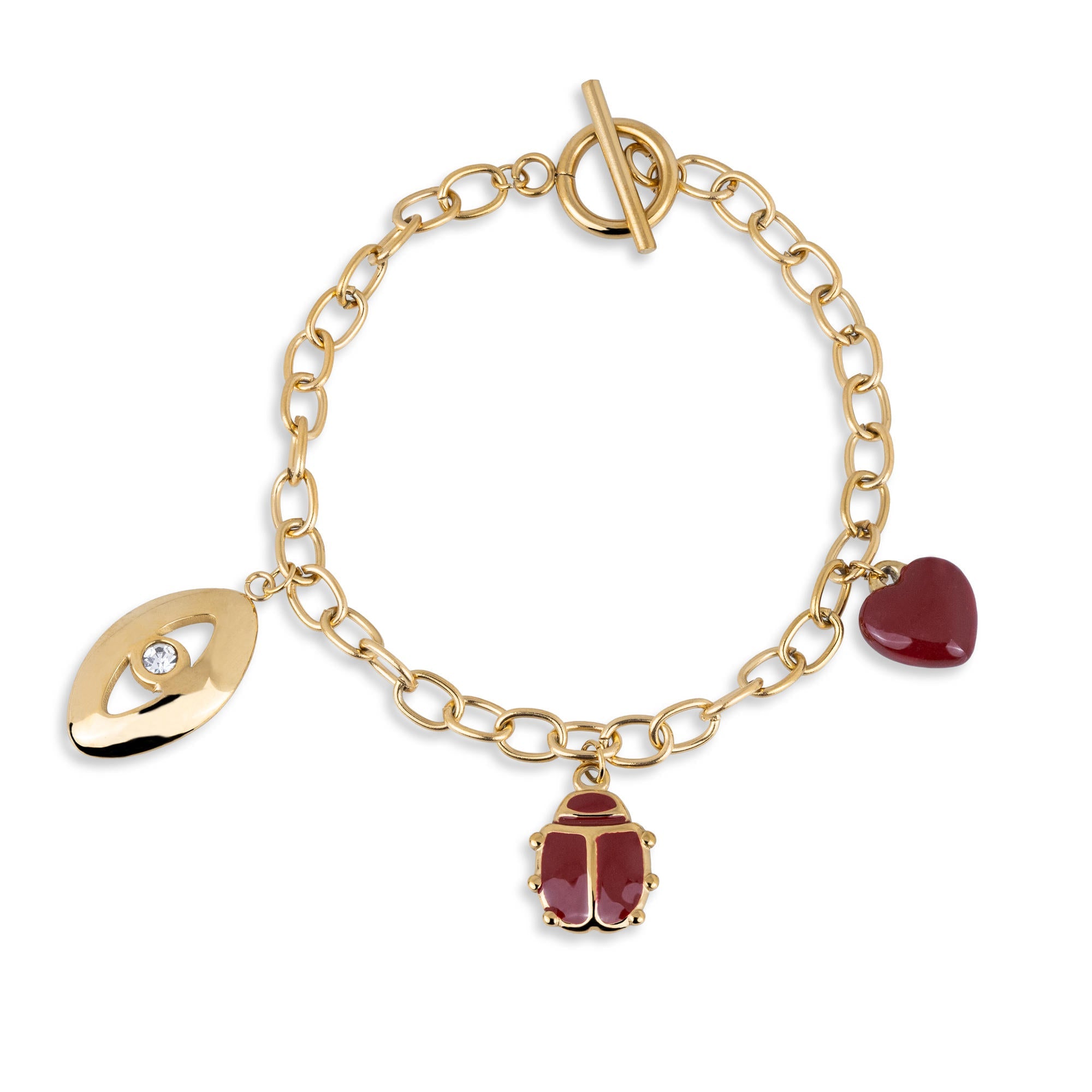 Pulsera de ojo turco corazon y catarina esmaltados 18cm