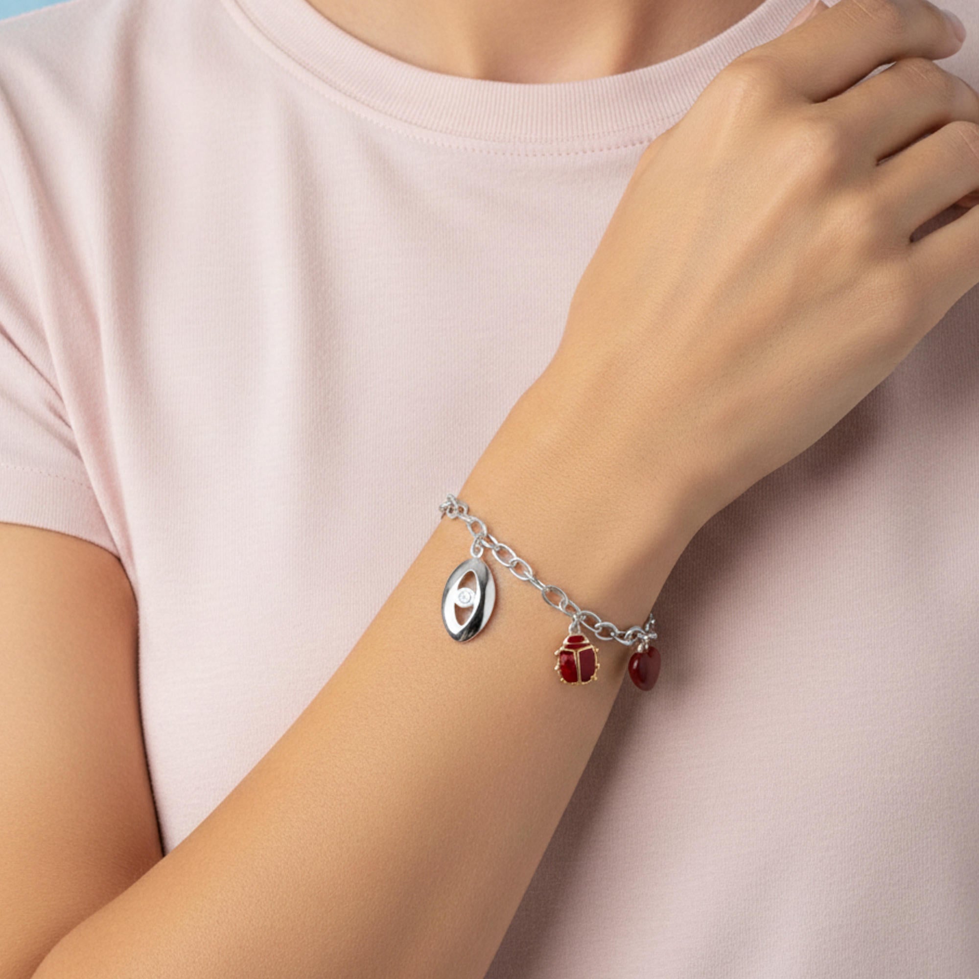 Pulsera de ojo turco corazon y catarina esmaltados 18cm