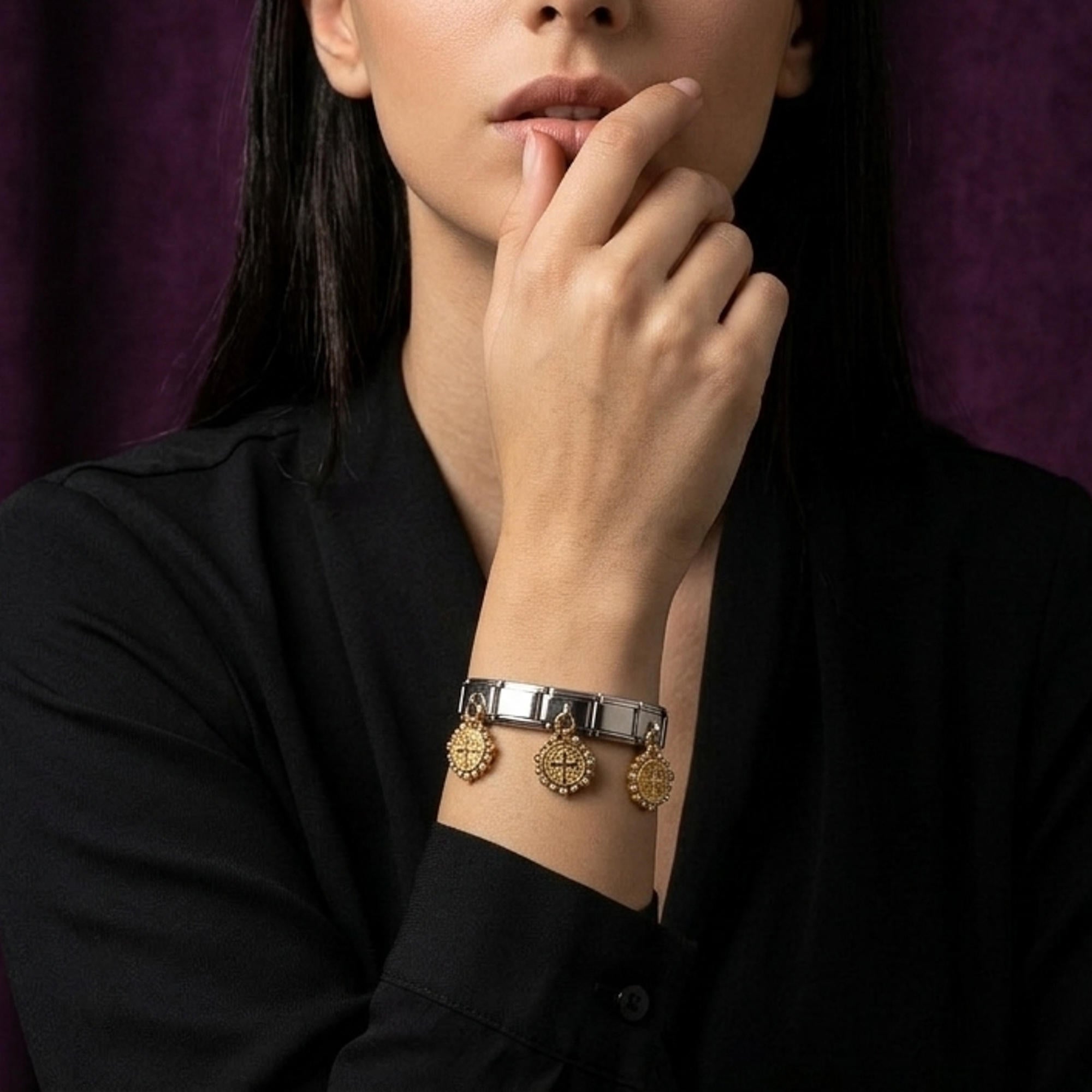 Brazalete ajustable italiano dijes colgantes de San Benito con cristales 9mm