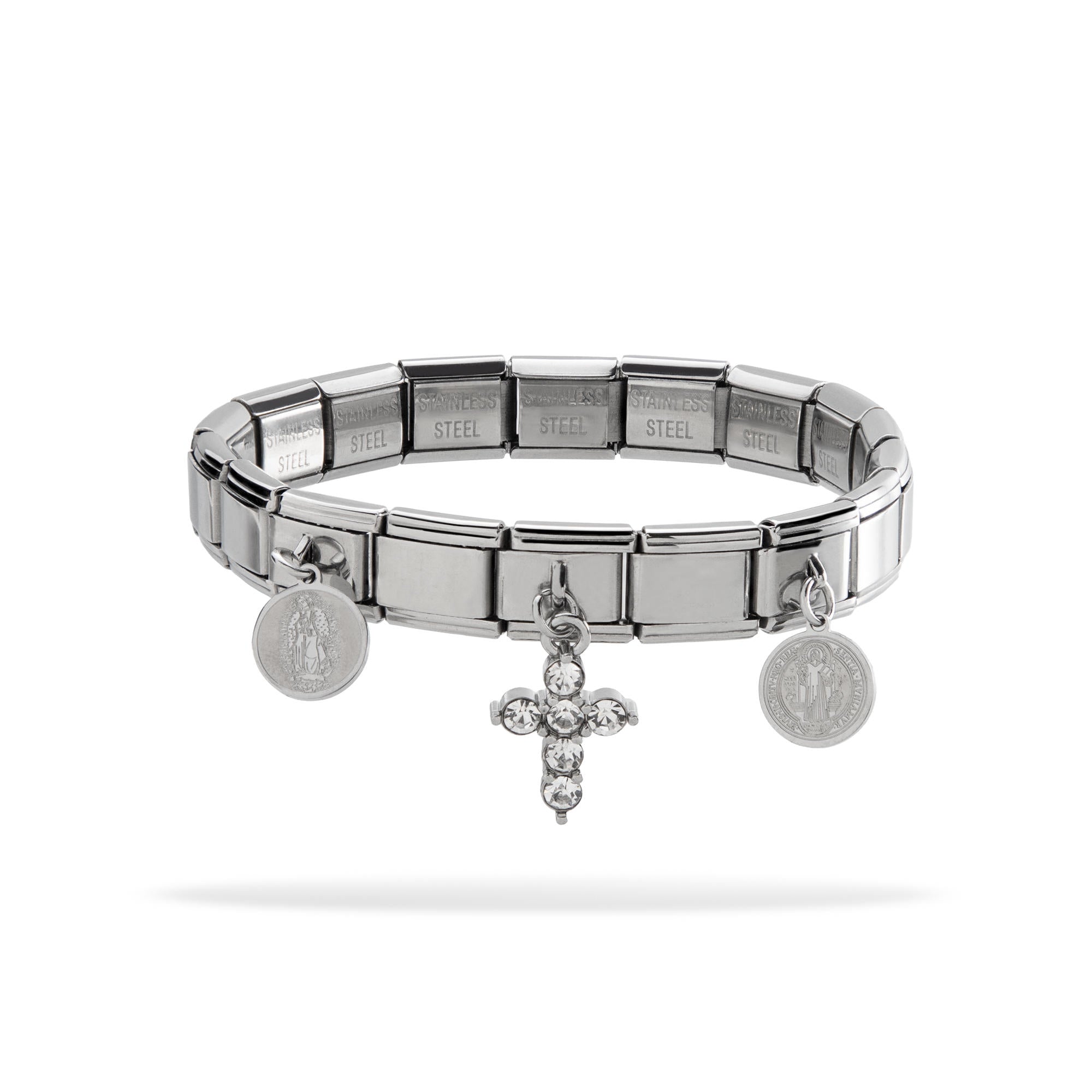 Brazalete ajustable italiano dijes colgantes de Cruz y Medalla San Benito 9mm