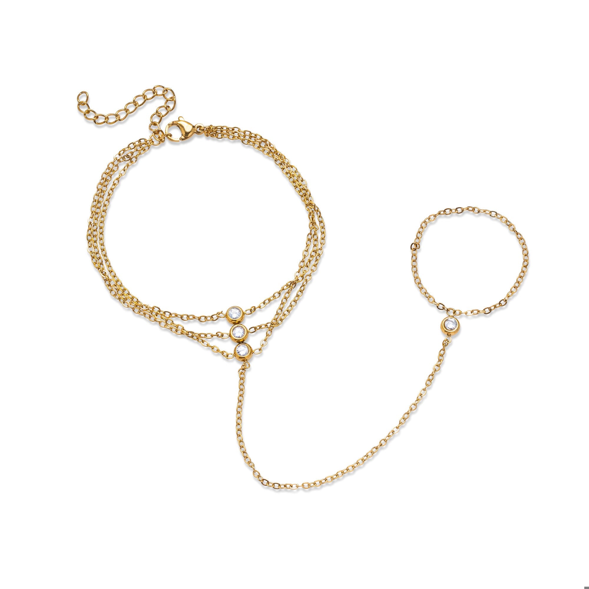 Pulsera con cristales y anillo enlazado en cadena 18-23cm