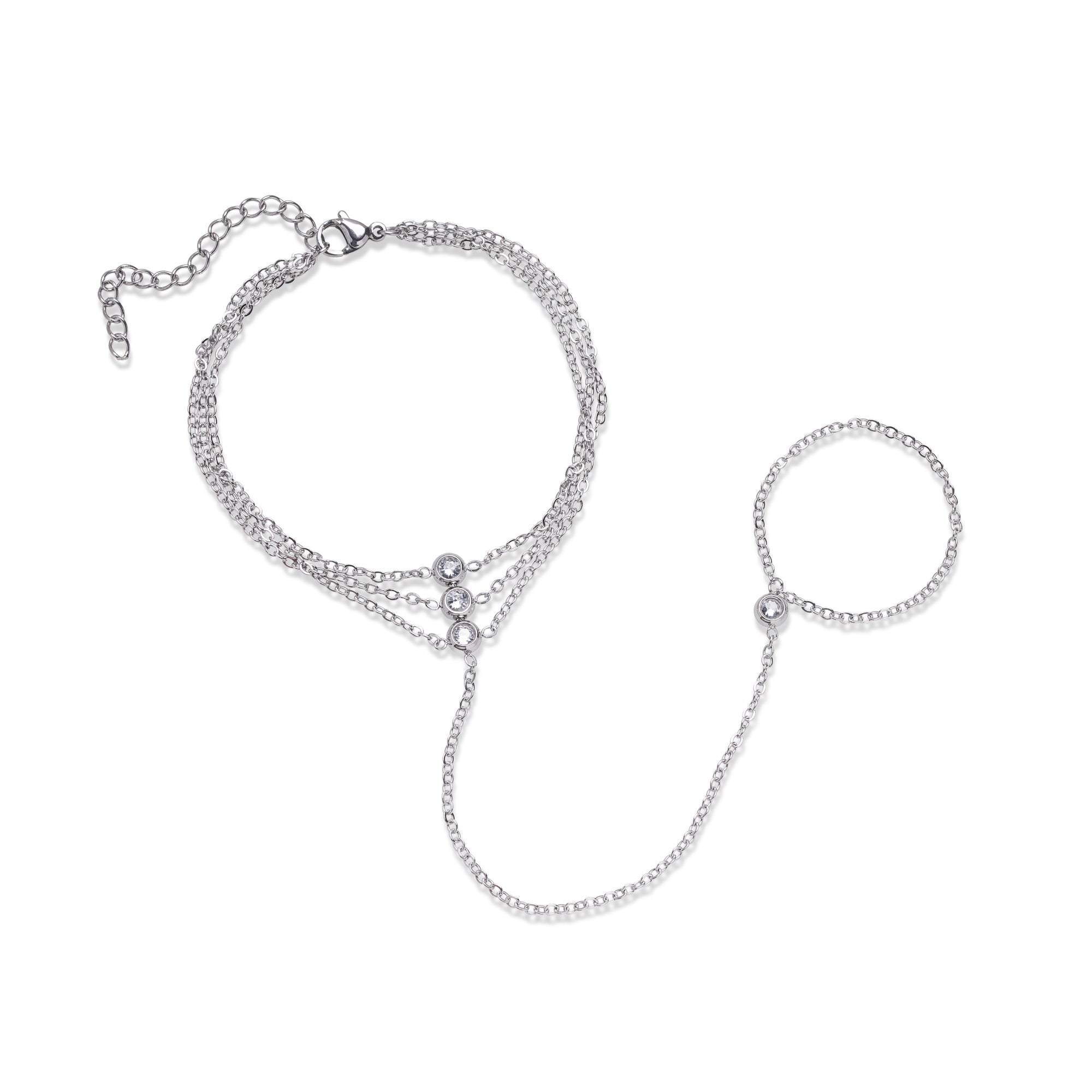 Pulsera con cristales y anillo enlazado en cadena 18-23cm