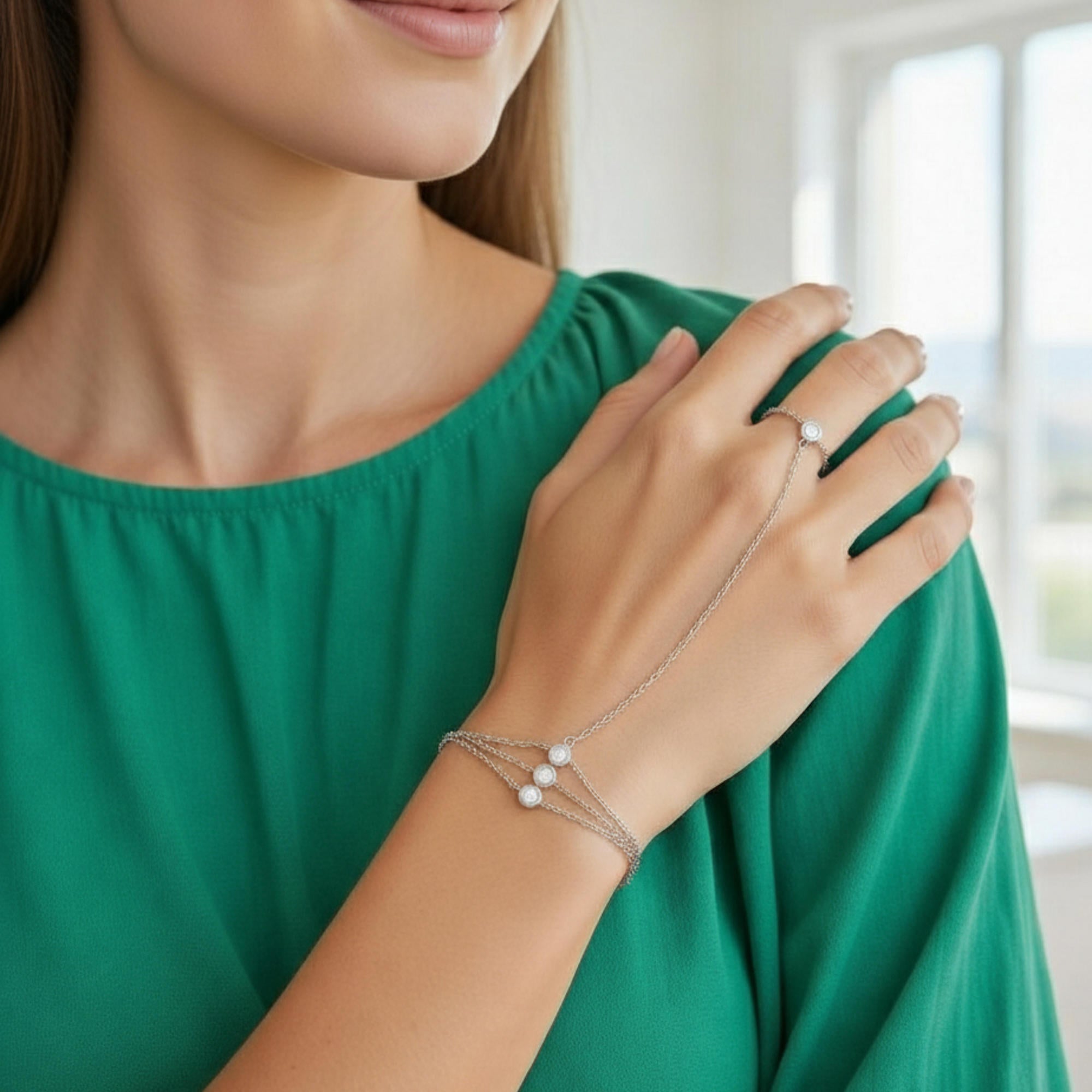 Pulsera con cristales y anillo enlazado en cadena 18-23cm