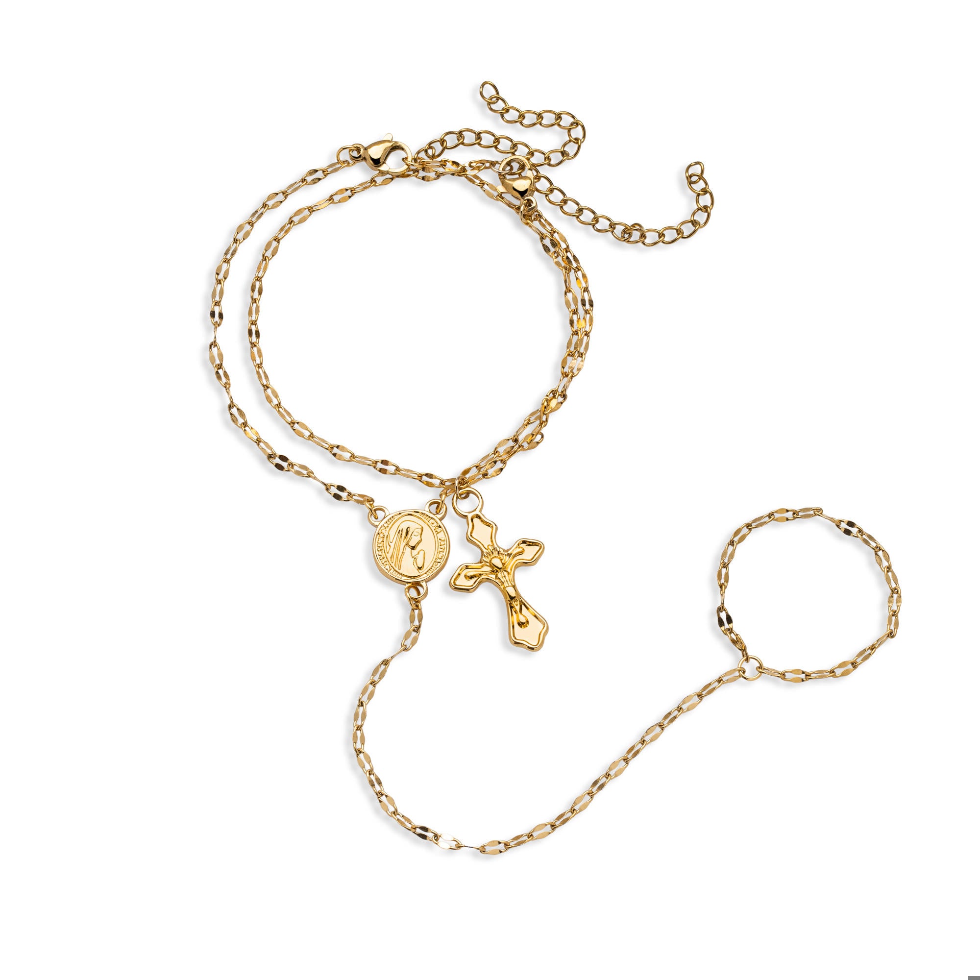 Par de pulseras con Cruz Virgen Maria en Oracion y anillo enlazado en cadena 15cm