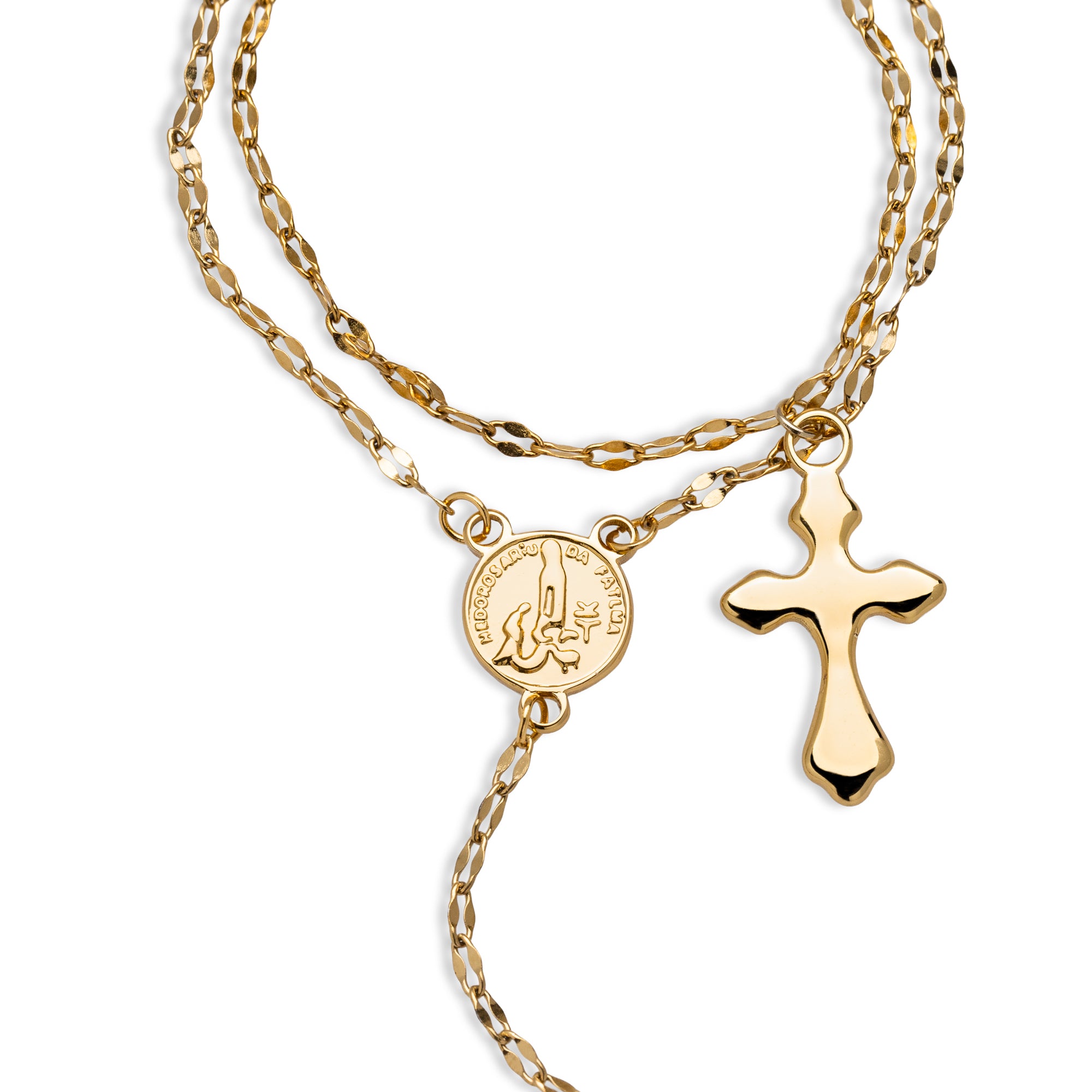 Par de pulseras con Cruz Virgen Maria en Oracion y anillo enlazado en cadena 15cm